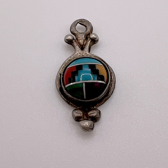 Turquoise Multi Gemstone Inlay Sterling Silver 925 Necklace Pendant or Charm - Picture 1 of 3